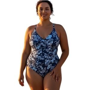 Jantzen Blue Floral Surplice One Piece Swimsuit Tummy Control Size 16 Maillot